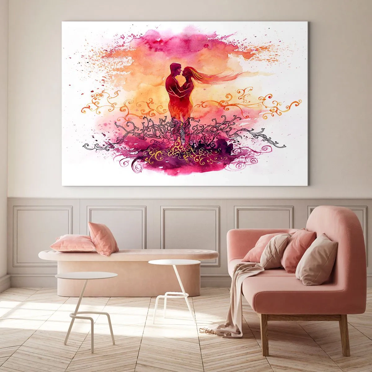 Obraz na skle - Romantický pár v abstraktných, teplých farbách - 70x50cm - Jedno srdce! Potrebujem tak málo… - Moderná nástenná dekorácia do obývacej izby a spálne ARTTOR