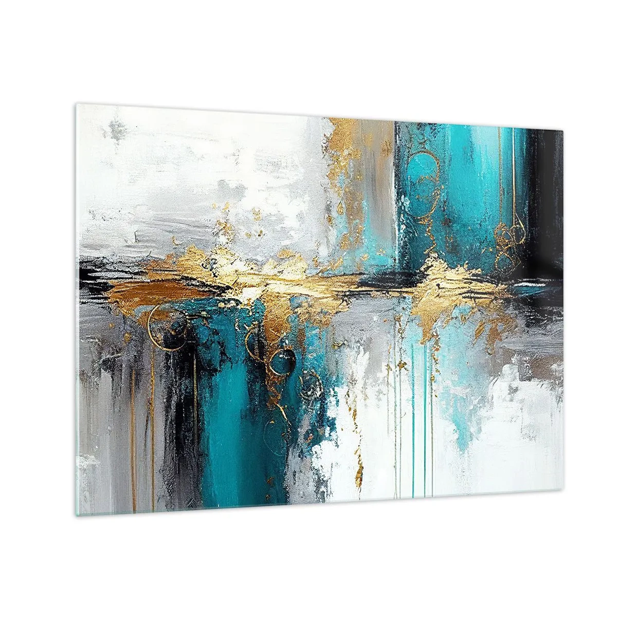 Obraz na skle - Abstrakcia s tyrkysovou a zlatou farbou na bielom pozadí - 70x50cm - Všetko plynie - Moderná nástenná dekorácia do obývacej izby a spálne ARTTOR