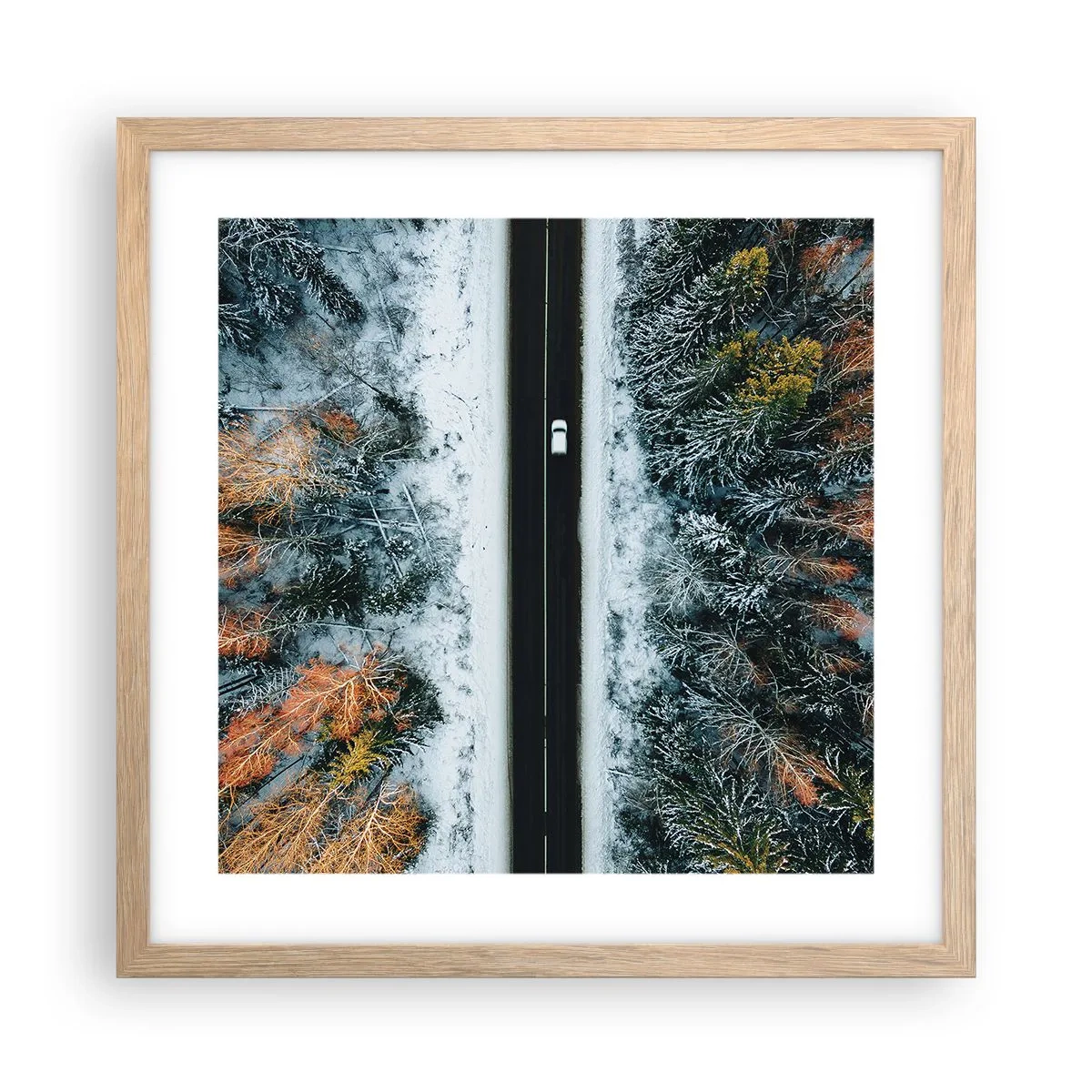 Plagát v ráme zo svetlého duba - Cez zimný les - 40x40 cm