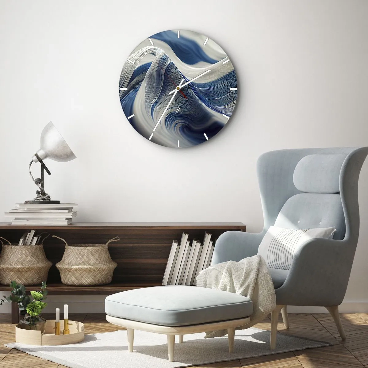 Nástenné hodiny - Dynamické víry v odtieňoch modrej a bielej s vlnitým usporiadaním - 30x30cm - Plynulosť modrej a bielej - Moderná nástenná dekorácia do obývacej izby, kuchyne a spálne ARTTOR