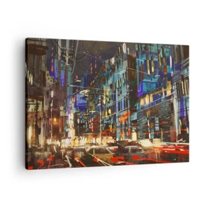 Obraz na plátne - Nočná scéna mesta s neónovými svetlami - 70x50cm - Večerný pouličný ruch - Moderná nástenná dekorácia do obývacej izby a spálne ARTTOR