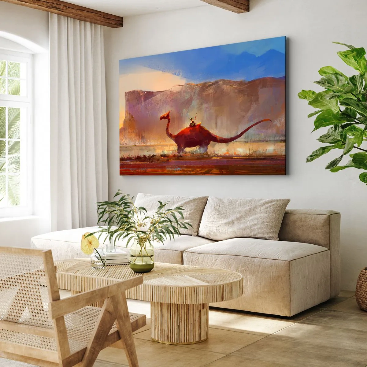 Obraz na plátne - Fantastická scéna s jazdcom na prehistorickom stvorení - 70x50cm - Keby nevyhynuli - Moderná nástenná dekorácia do obývacej izby a spálne ARTTOR