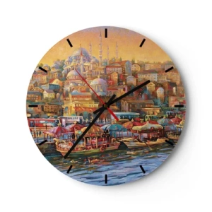 Nástenné hodiny - Farebná panoráma prístavu s orientálnou architektúrou - 30x30cm - Istanbulský príbeh - Moderná nástenná dekorácia do obývacej izby, kuchyne a spálne ARTTOR