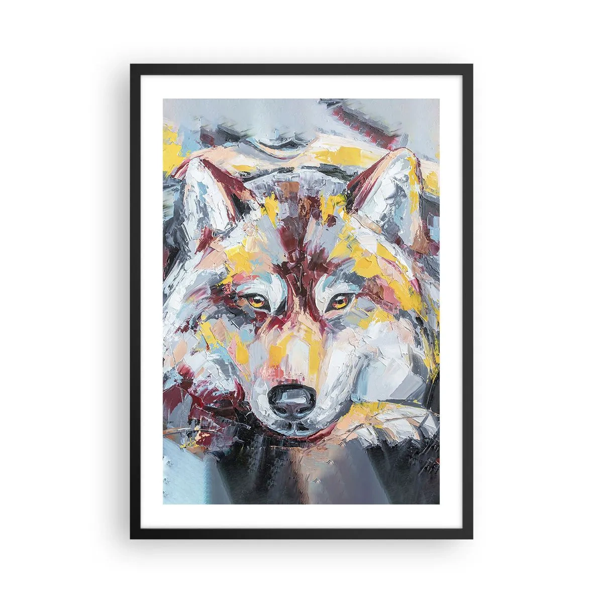 Plagát v čiernom ráme - Abstraktný portrét vlka s farebnými ťahmi štetcom. - 50x70cm - Pokoj medzi blízkymi - Moderná nástenná dekorácia do obývacej izby a spálne ARTTOR