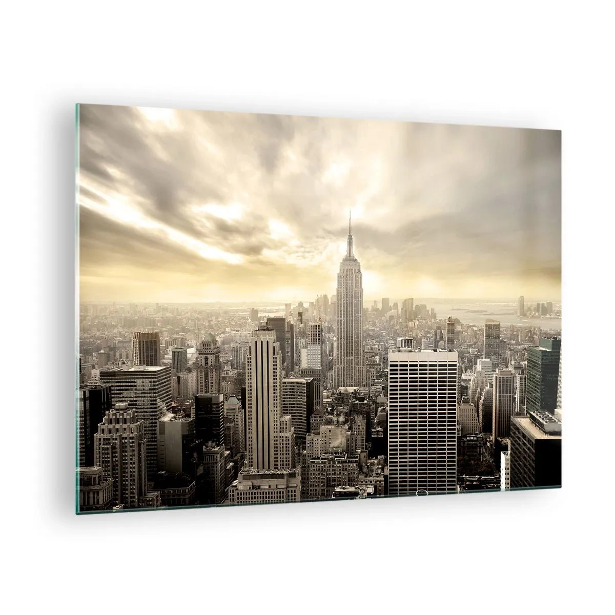Obraz na skle - Panoráma mesta s mrakodrapmi a Empire State Building - 70x50cm - New York utkaný zo šedej - Moderná nástenná dekorácia do obývacej izby a spálne ARTTOR