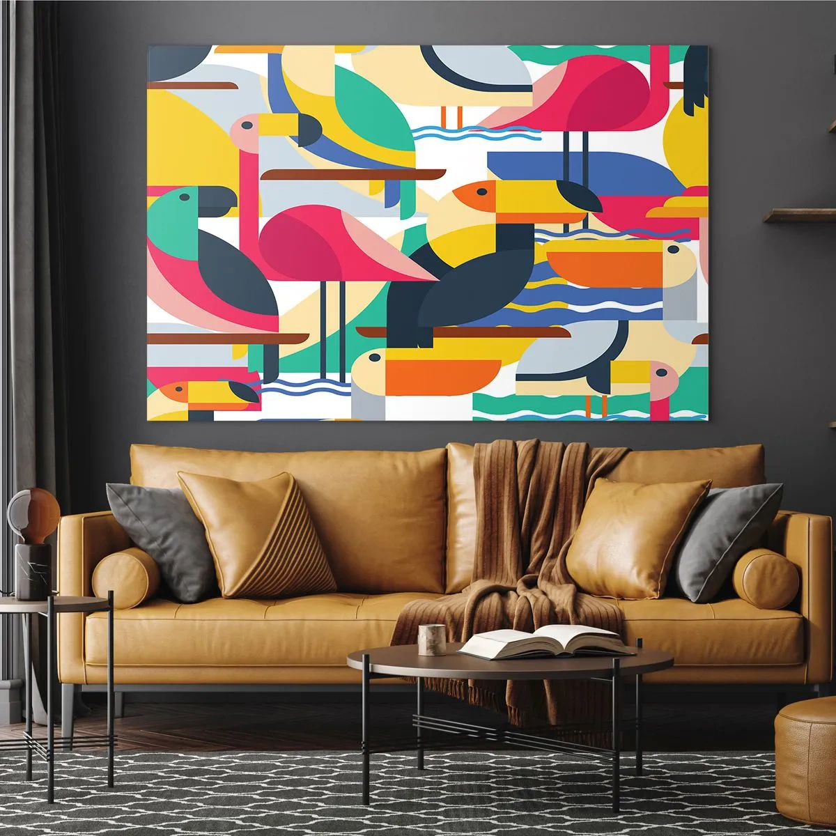 Obraz na skle - Abstraktná ilustrácia farebných vtákov v geometrickom štýle - 70x50cm - Vtáčia párty - Moderná nástenná dekorácia do obývacej izby a spálne ARTTOR