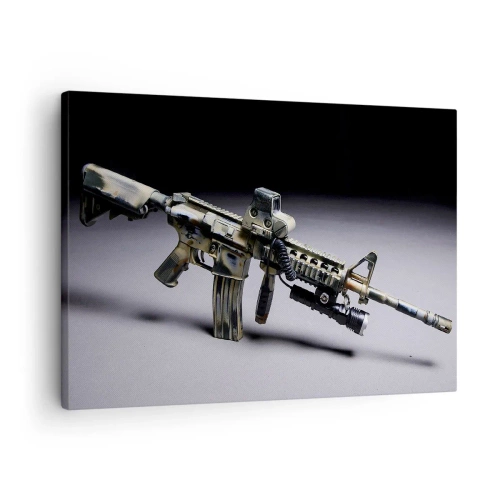 Obraz na plátne - Moderná zbraň v maskáčovej farbe na tmavom pozadí - 70x50cm - Vždy nebezpečný - Moderná nástenná dekorácia do obývacej izby a spálne ARTTOR