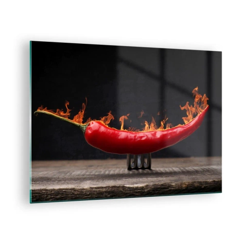 Obraz na skle - Horiaca červená chilli paprička na čiernom pozadí - 70x50cm - Ohnivé predjedlo - Moderná nástenná dekorácia do obývacej izby a spálne ARTTOR