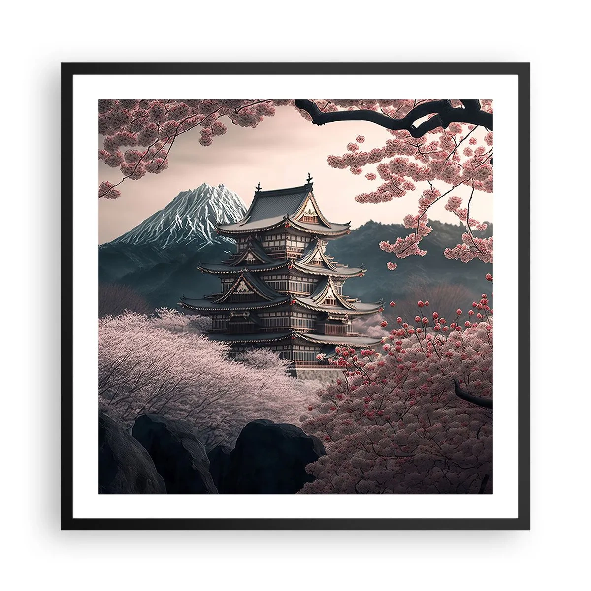 Plagát v čiernom ráme - Krajina kvitnúcich čerešní - 60x60 cm