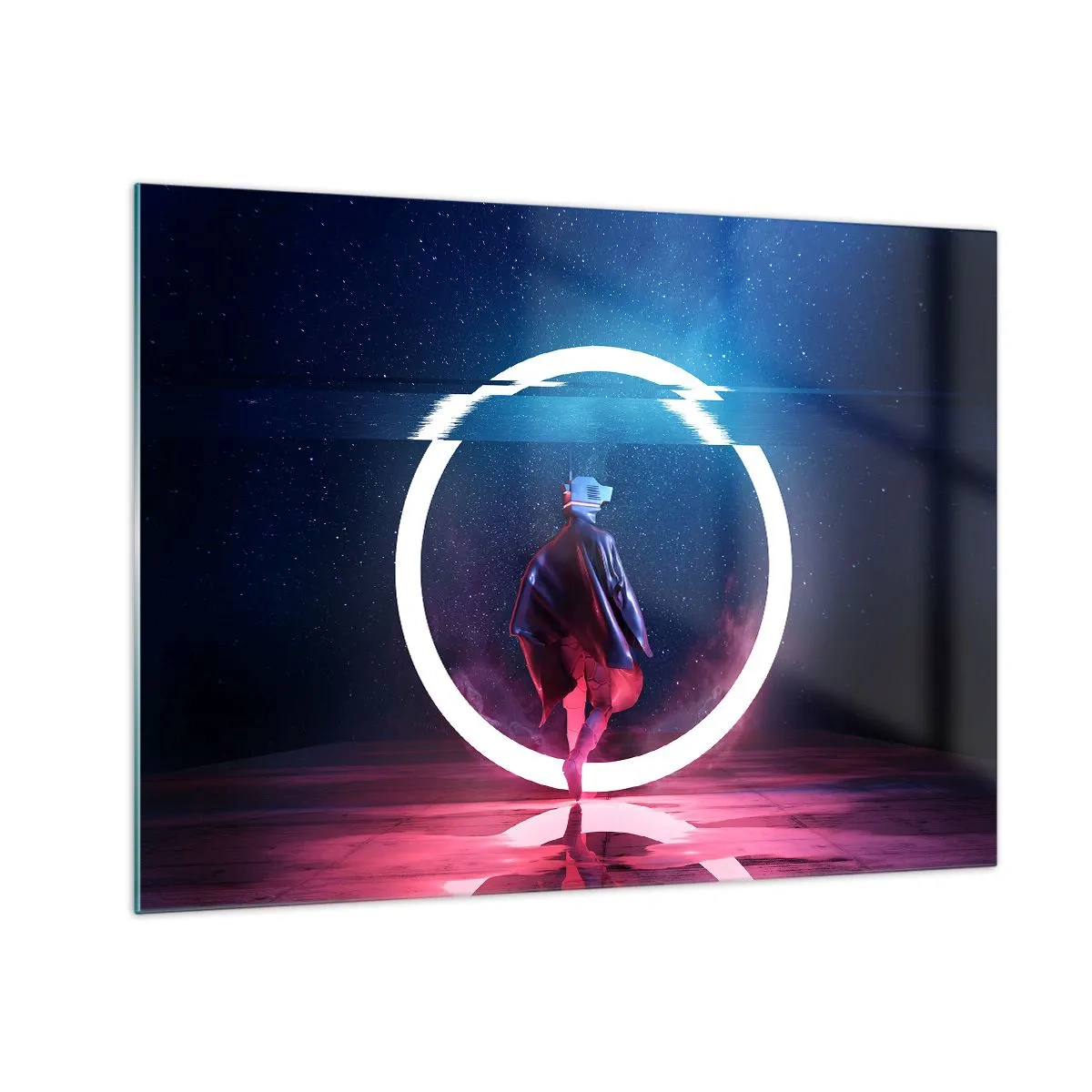 Obraz na skle - Postava vo futuristickom prostredí s neónovým krúžkom - 70x50cm - Medzi svetmi - Moderná nástenná dekorácia do obývacej izby a spálne ARTTOR