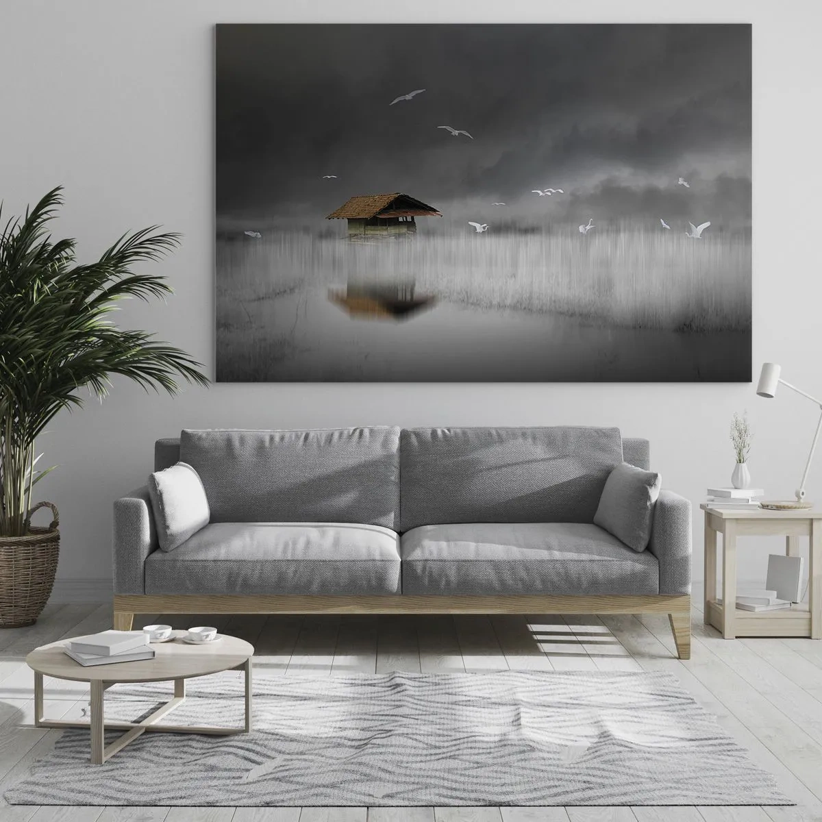 Obraz na skle - Dom na vode v hmle s lietajúcimi vtákmi - 70x50cm - Úkryt pred dažďom - Moderná nástenná dekorácia do obývacej izby a spálne ARTTOR