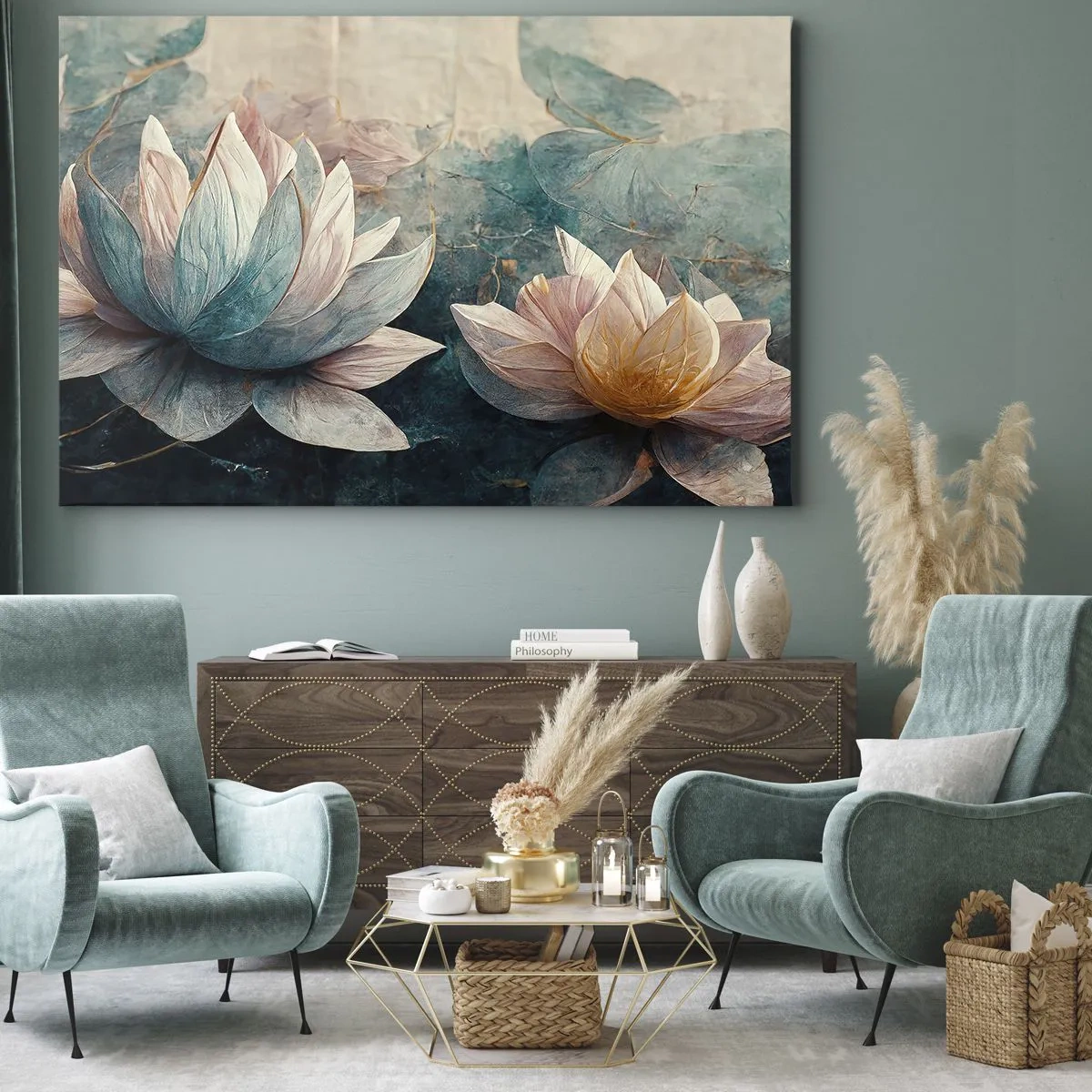 Obraz na plátne - Jemné lekná v pastelových odtieňoch modrej a zlatej - 70x50cm - Hviezdy a jazero - Moderná nástenná dekorácia do obývacej izby a spálne ARTTOR