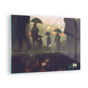 Obraz na skle - Postavy s dáždnikmi v daždi na pozadí svetiel mesta - 70x50cm - Z perspektívy kvapky dažďa - Moderná nástenná dekorácia do obývacej izby a spálne ARTTOR
