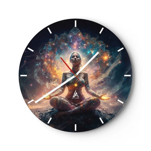 Nástenné hodiny - Žena v meditácii obklopená energiou vo farbách galaxie. - 30x30cm - Prúdenie dobrej energie - Moderná nástenná dekorácia do obývacej izby, kuchyne a spálne ARTTOR