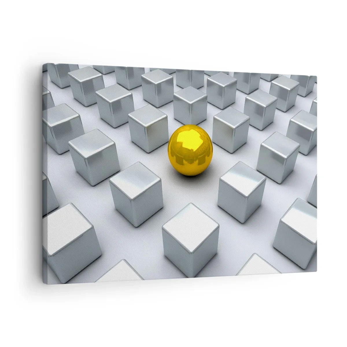 Obraz na plátne - Zlatá guľa vyčnievajúca medzi striebornými kockami - 70x50cm - Prečo ja? Geometrická kompozícia - Moderná nástenná dekorácia do obývacej izby a spálne ARTTOR