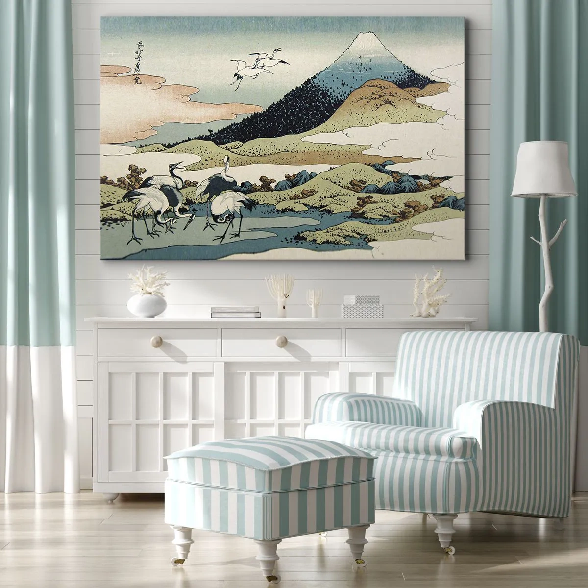 Obraz na plátne - Tradičná japonská grafika s horami a žeriavmi - 70x50cm - V japonskom duchu - Moderná nástenná dekorácia do obývacej izby a spálne ARTTOR