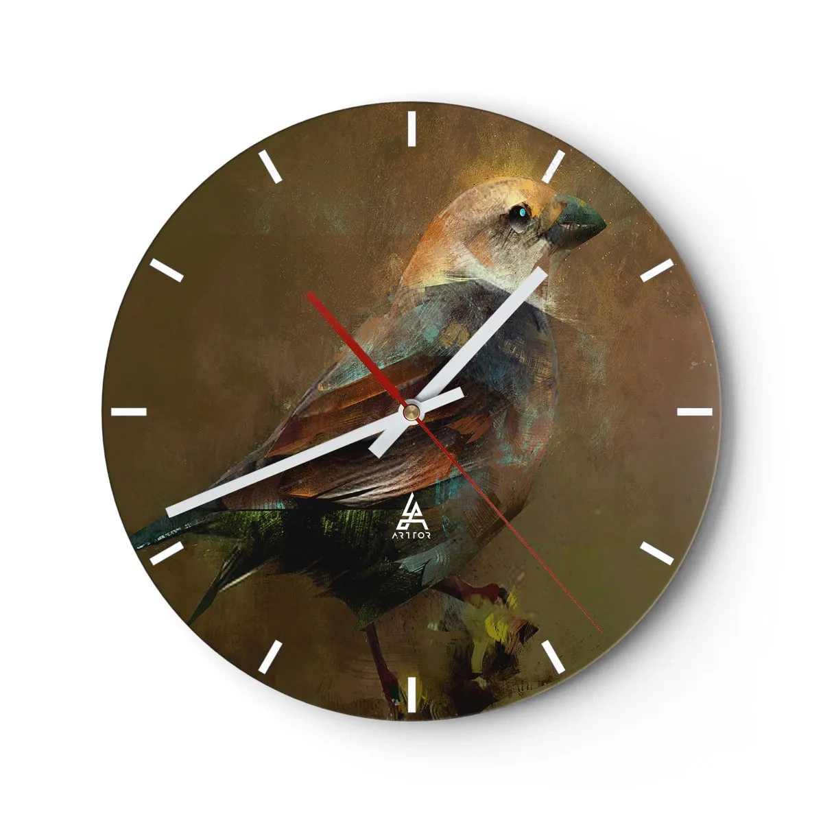 Nástenné hodiny - Farebný vták na pozadí v odtieňoch hnedej - 30x30cm - Vrabček, maličký vtáčik - Moderná nástenná dekorácia do obývacej izby, kuchyne a spálne ARTTOR