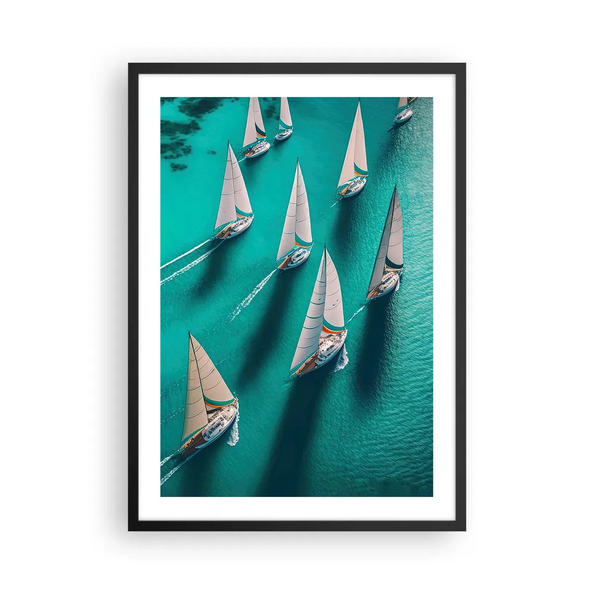 Plagát v čiernom ráme - Jachtárska regata na tyrkysovej vode - 50x70cm - Zápasenie s vetrom - Moderná nástenná dekorácia do obývacej izby a spálne ARTTOR
