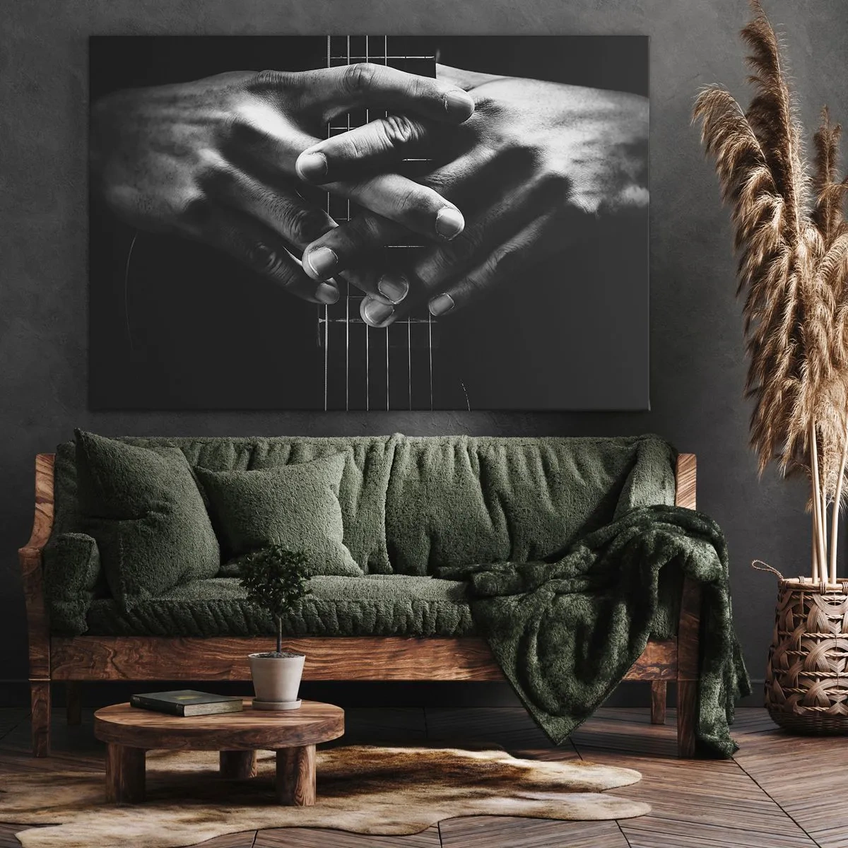 Obraz na plátne - Ruky zovreté na gitare v monochromatickom tóne - 70x50cm - Umelcova modlitba - Moderná nástenná dekorácia do obývacej izby a spálne ARTTOR