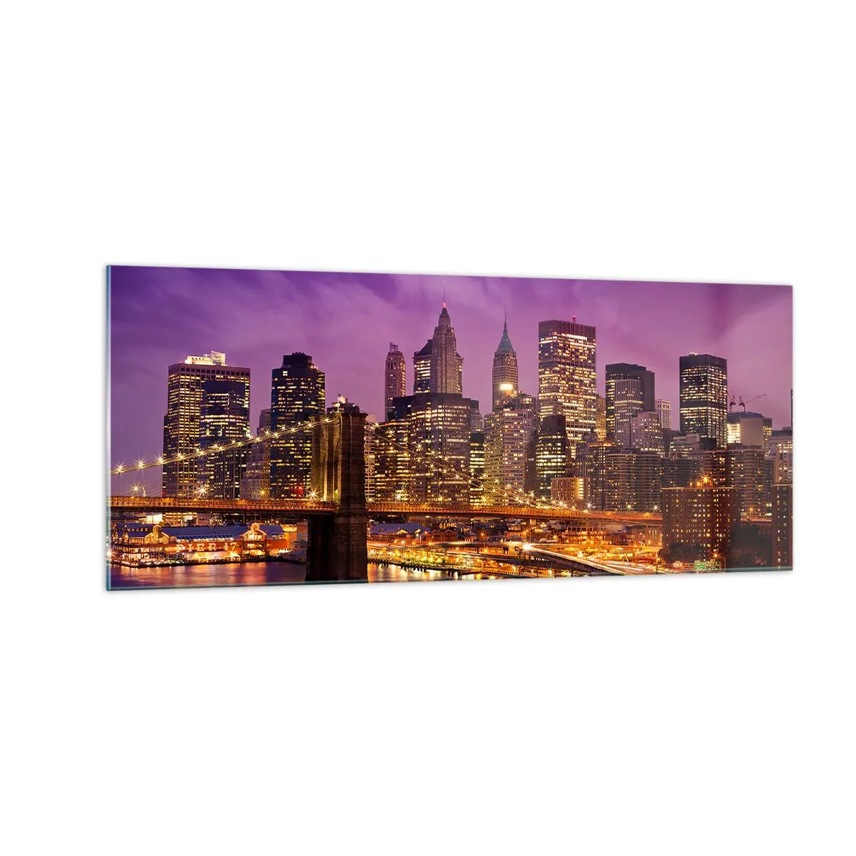 Obraz na skle - Fialovo-zlatý Manhattan - 100x40 cm