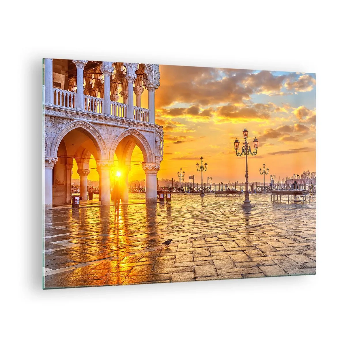 Obraz na skle - Východ slnka nad arkádami a námestím - 70x50cm - Kde sú všetci? - Moderná nástenná dekorácia do obývacej izby a spálne ARTTOR