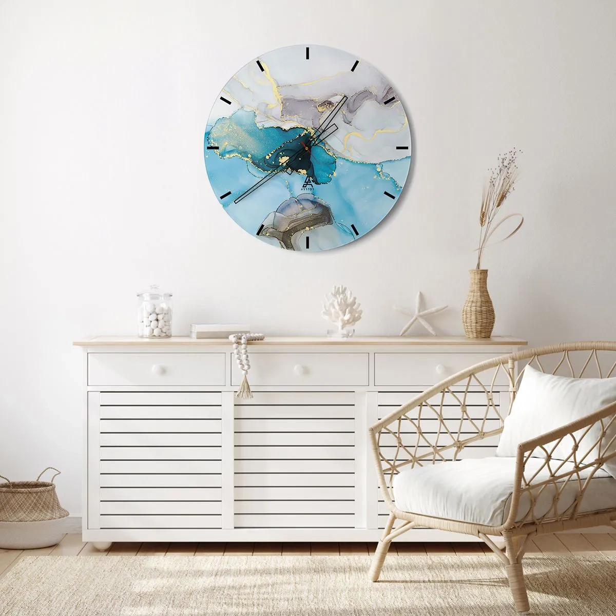 Nástenné hodiny - Abstraktná kombinácia sivých, tyrkysových a zlatých akcentov - 30x30cm - Štúdia o stretnutí šedej a tyrkysovej - Moderná nástenná dekorácia do obývacej izby, kuchyne a spálne ARTTOR