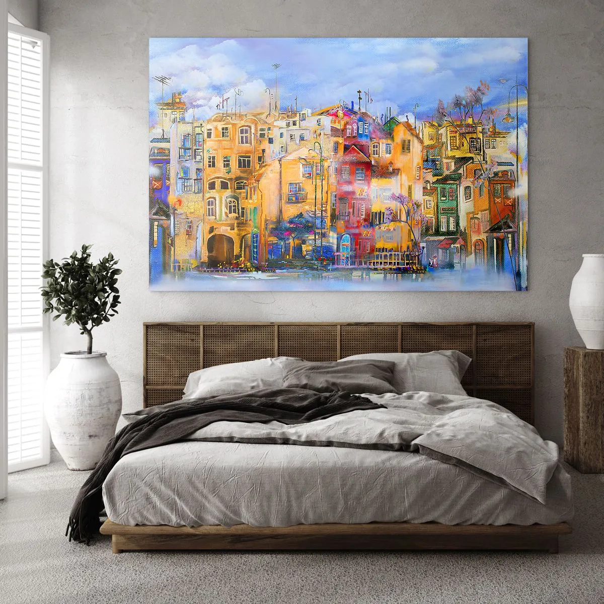 Obraz na skle - Farebné činžiakové domy v umeleckom mestskom prostredí - 70x50cm - Sme spolu - Moderná nástenná dekorácia do obývacej izby a spálne ARTTOR