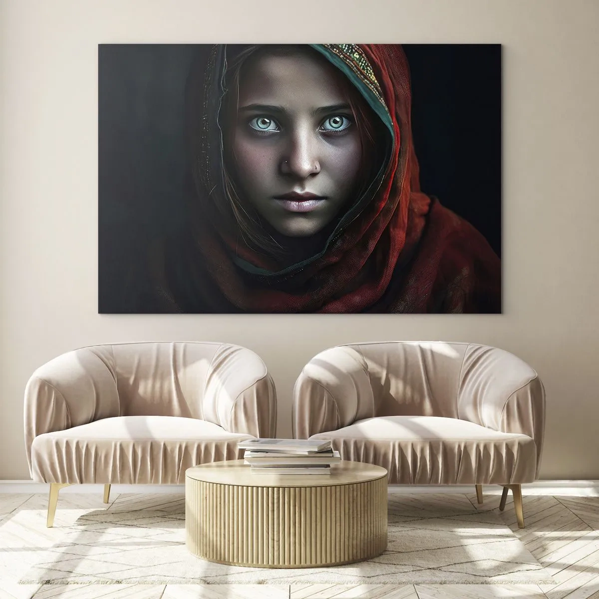 Obraz na skle - Portrét ženy v červenej šatke na tmavom pozadí - 70x50cm - Východná princezná - Moderná nástenná dekorácia do obývacej izby a spálne ARTTOR