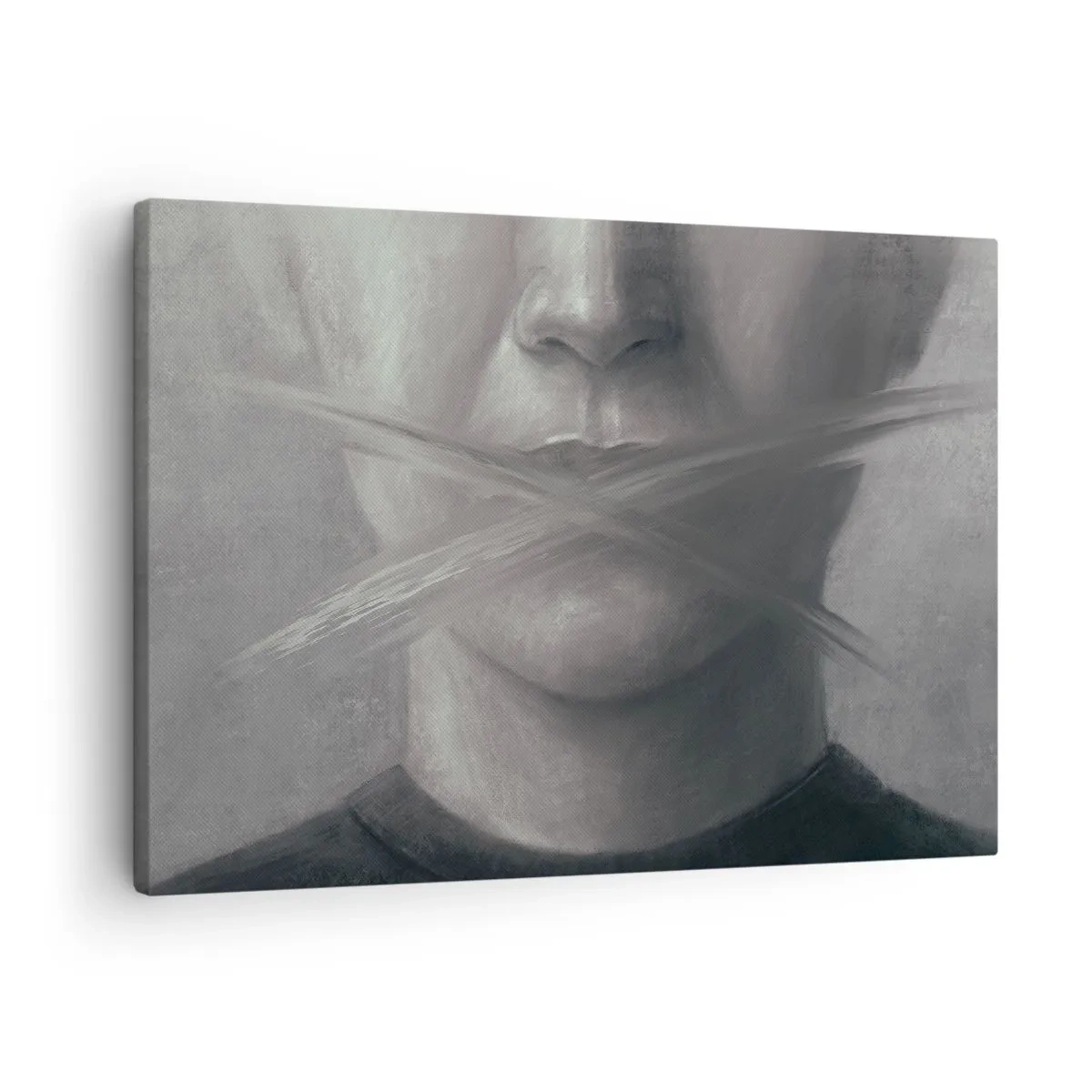 Obraz na plátne - Symbolický portrét s rozmazanými perami v sivých tónoch. - 70x50cm - Ani slovo - Moderná nástenná dekorácia do obývacej izby a spálne ARTTOR