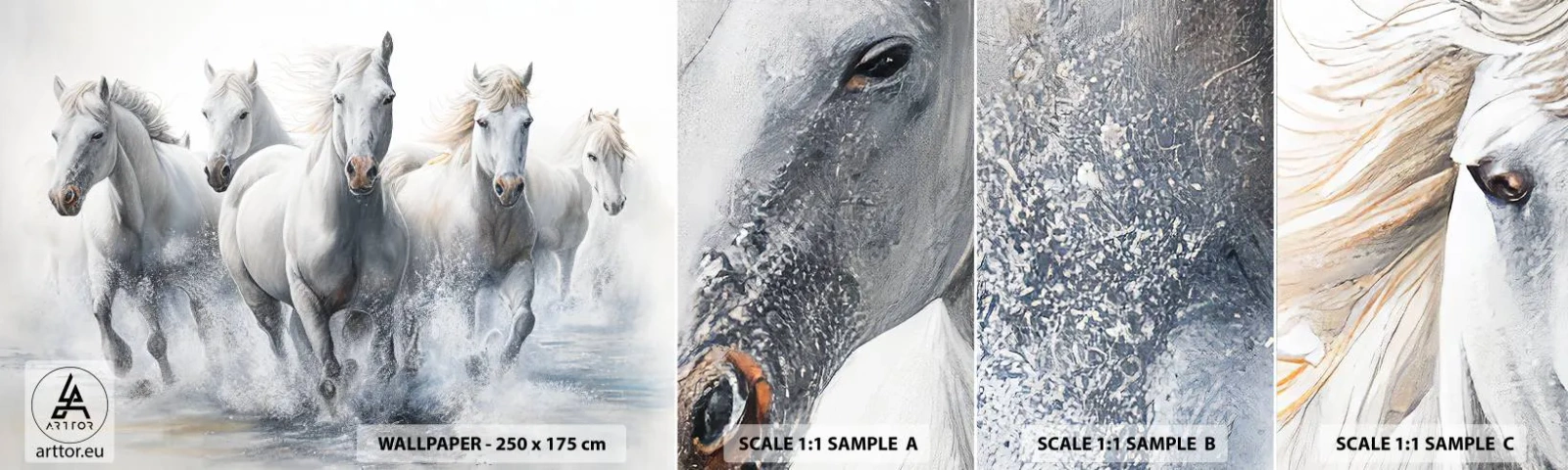 Vzorka samolepiacej fototapety Deluxe Sticker - Biela mágia - Kone, Zvieratá, Akvarel - 100x30 cm