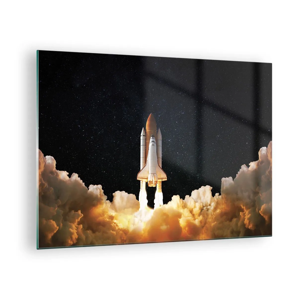 Obraz na skle - Raketoplán štartuje proti hviezdnej oblohe - 70x50cm - Ad astra! - Moderná nástenná dekorácia do obývacej izby a spálne ARTTOR