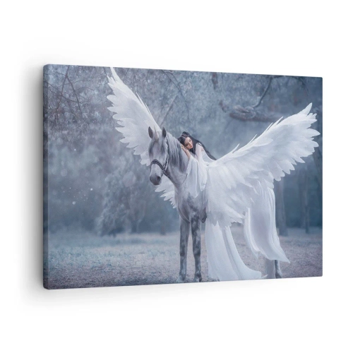 Obraz na plátne - Žena na bielom koni s krídlami v magickom lese - 70x50cm - Nadšený okamih - Moderná nástenná dekorácia do obývacej izby a spálne ARTTOR