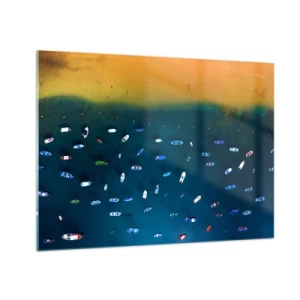Obraz na skle - Lode na pozadí tyrkysovej vody a zlatého pobrežia - 70x50cm - Prázdninová hra - Moderná nástenná dekorácia do obývacej izby a spálne ARTTOR