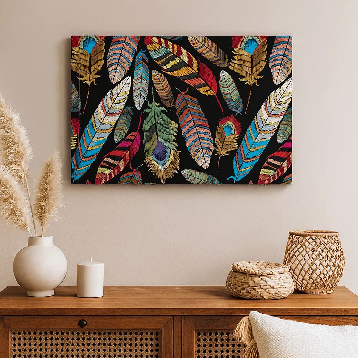 Obraz na plátne - Farebné perie na čiernom pozadí - 70x50cm - Vtáčí karneval - Moderná nástenná dekorácia do obývacej izby a spálne ARTTOR