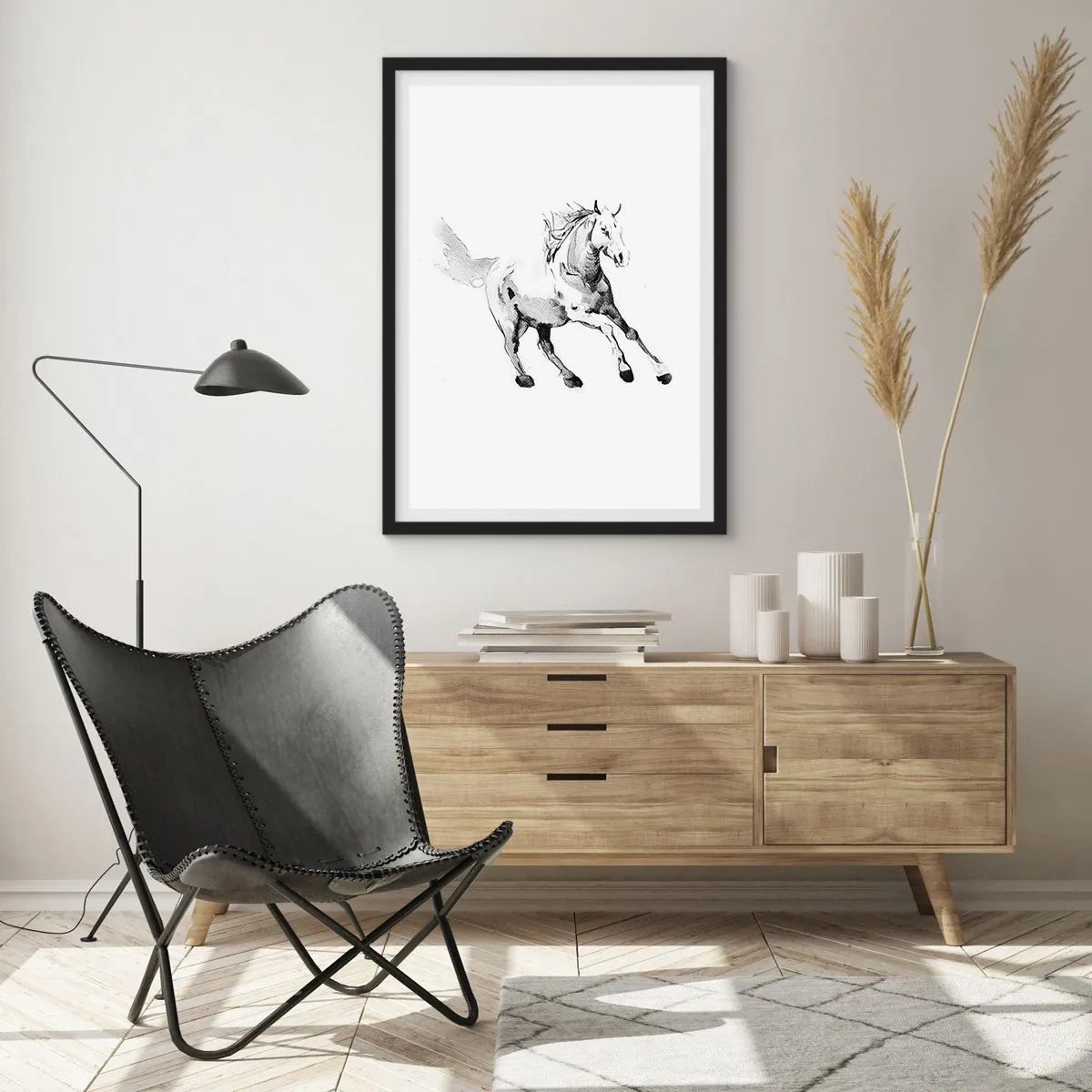 Plagát v čiernom ráme - Minimalistická ilustrácia cválajúceho koňa - 50x70cm - Neskrotená duša - Moderná nástenná dekorácia do obývacej izby a spálne ARTTOR