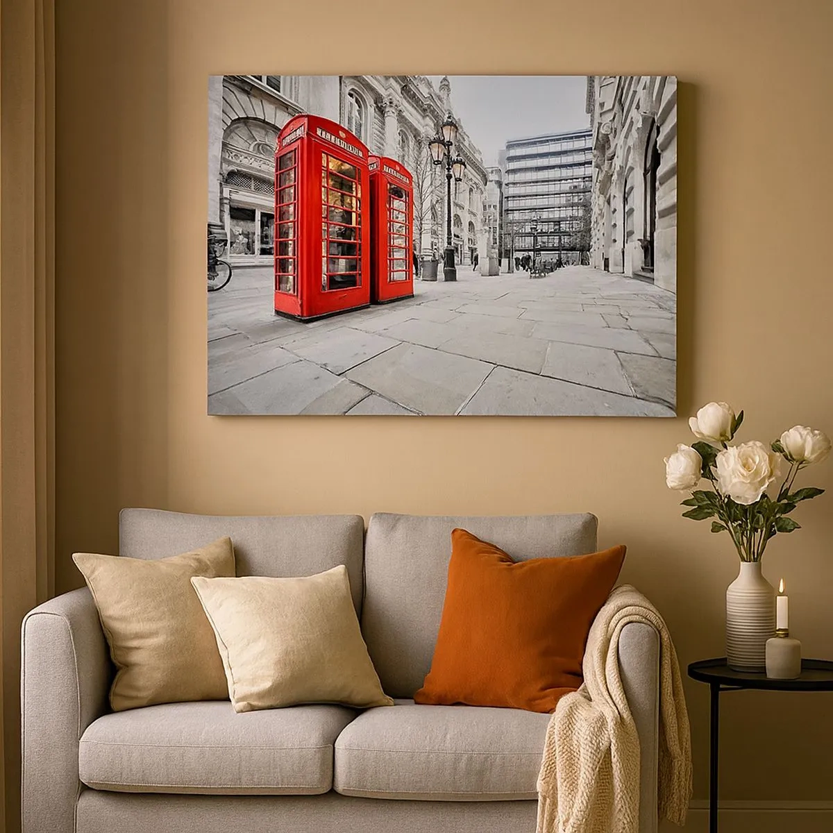 Obraz na plátne - Červené telefónne búdky na pozadí mestskej krajiny - 70x50cm - Welcome to London - Moderná nástenná dekorácia do obývacej izby a spálne ARTTOR