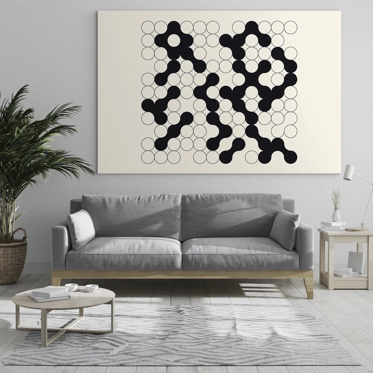 Obraz na skle - Čiernobiela grafická mozaika zložená z prepojených bodiek. - 70x50cm - Čínska hra – variácia - Moderná nástenná dekorácia do obývacej izby a spálne ARTTOR