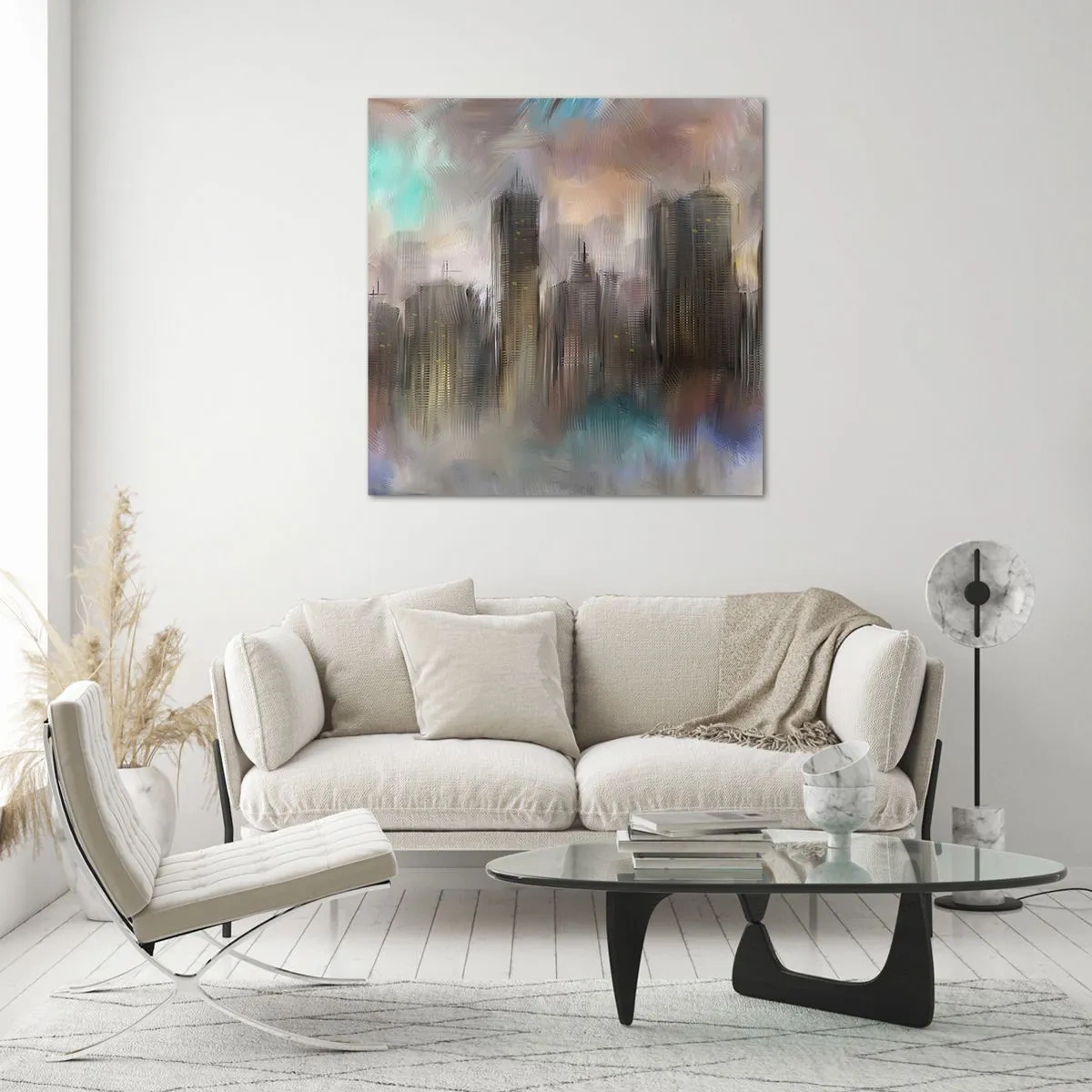 Obraz na skle - Kompozícia z ocele, kameňa a hmly - 30x30 cm