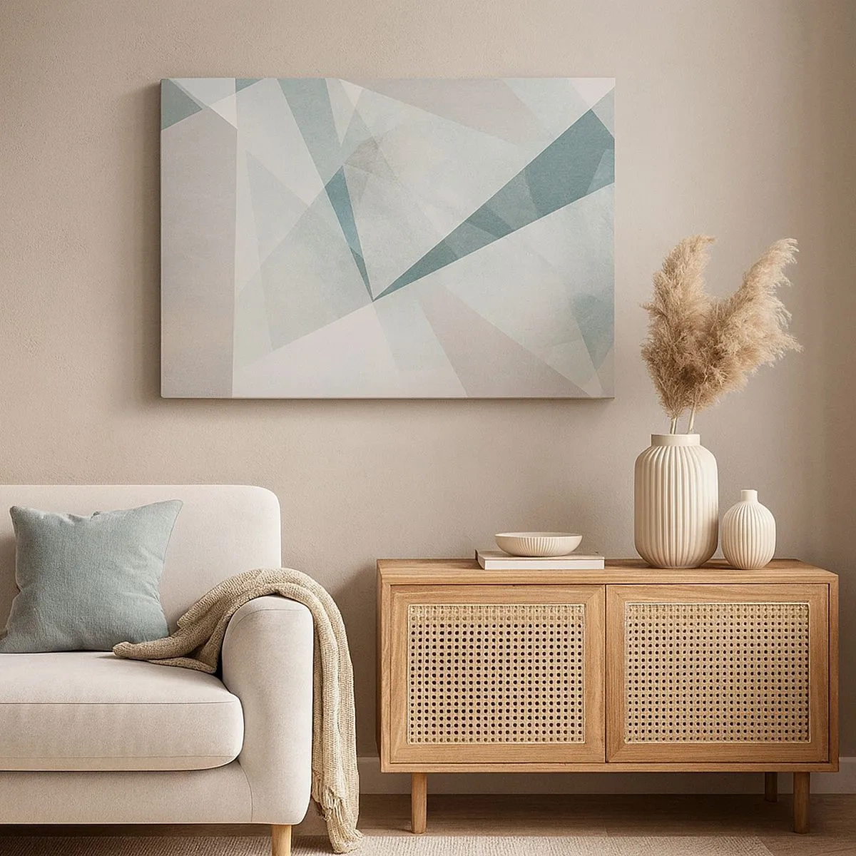Obraz na plátne - Geometrické tvary v pastelových odtieňoch modrej a sivej - 70x50cm - V kľude, ale dynamicky - Moderná nástenná dekorácia do obývacej izby a spálne ARTTOR