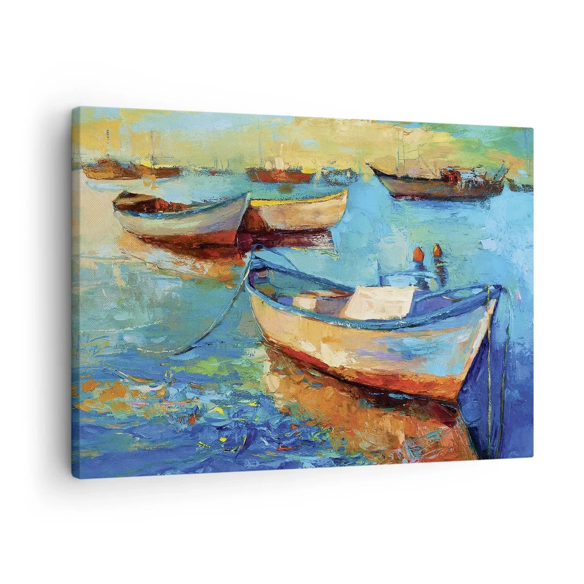 Obraz na plátne - Farebné lode kotviace na pokojnej vode - 70x50cm - V južnom zálive - Moderná nástenná dekorácia do obývacej izby a spálne ARTTOR