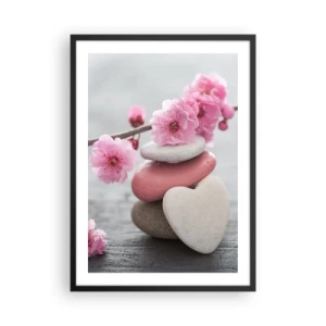 Plagát v čiernom ráme - Kamene v tvare srdca s ružovými čerešňovými kvetmi - 50x70cm - Blaženosť s višňovým kvetom - Moderná nástenná dekorácia do obývacej izby a spálne ARTTOR