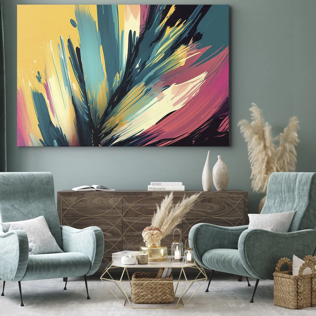 Obraz na plátne - Abstraktná kompozícia v intenzívnych a kontrastných farbách. - 70x50cm - Kompozícia – explózia radosti - Moderná nástenná dekorácia do obývacej izby a spálne ARTTOR