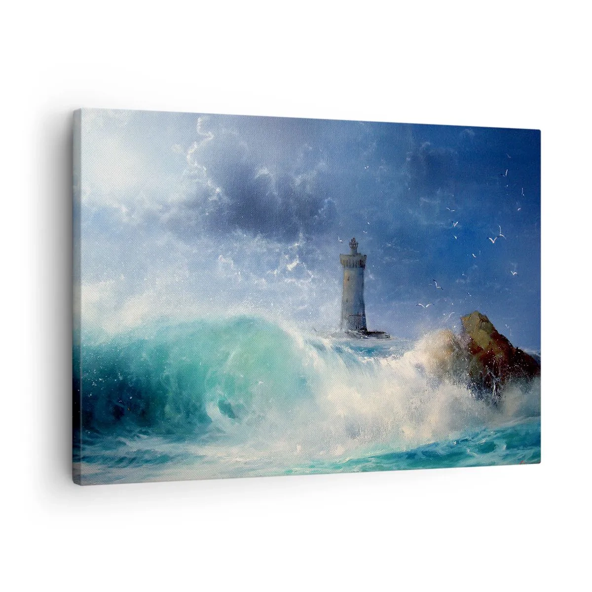 Obraz na plátne - Maják obklopený rozbúrenými vlnami a oblakmi - 70x50cm - Na stráži proti živlom - Moderná nástenná dekorácia do obývacej izby a spálne ARTTOR