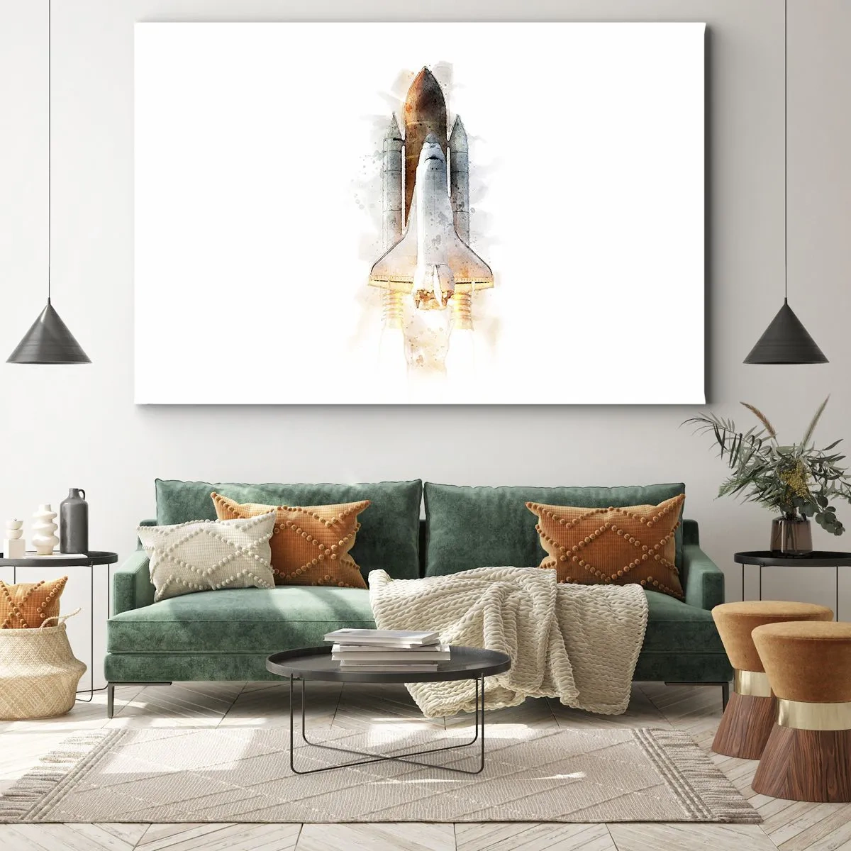 Obraz na plátne - Umelecká akvarelová interpretácia štartu raketoplánu - 70x50cm - Prieskumníci do toho - Moderná nástenná dekorácia do obývacej izby a spálne ARTTOR