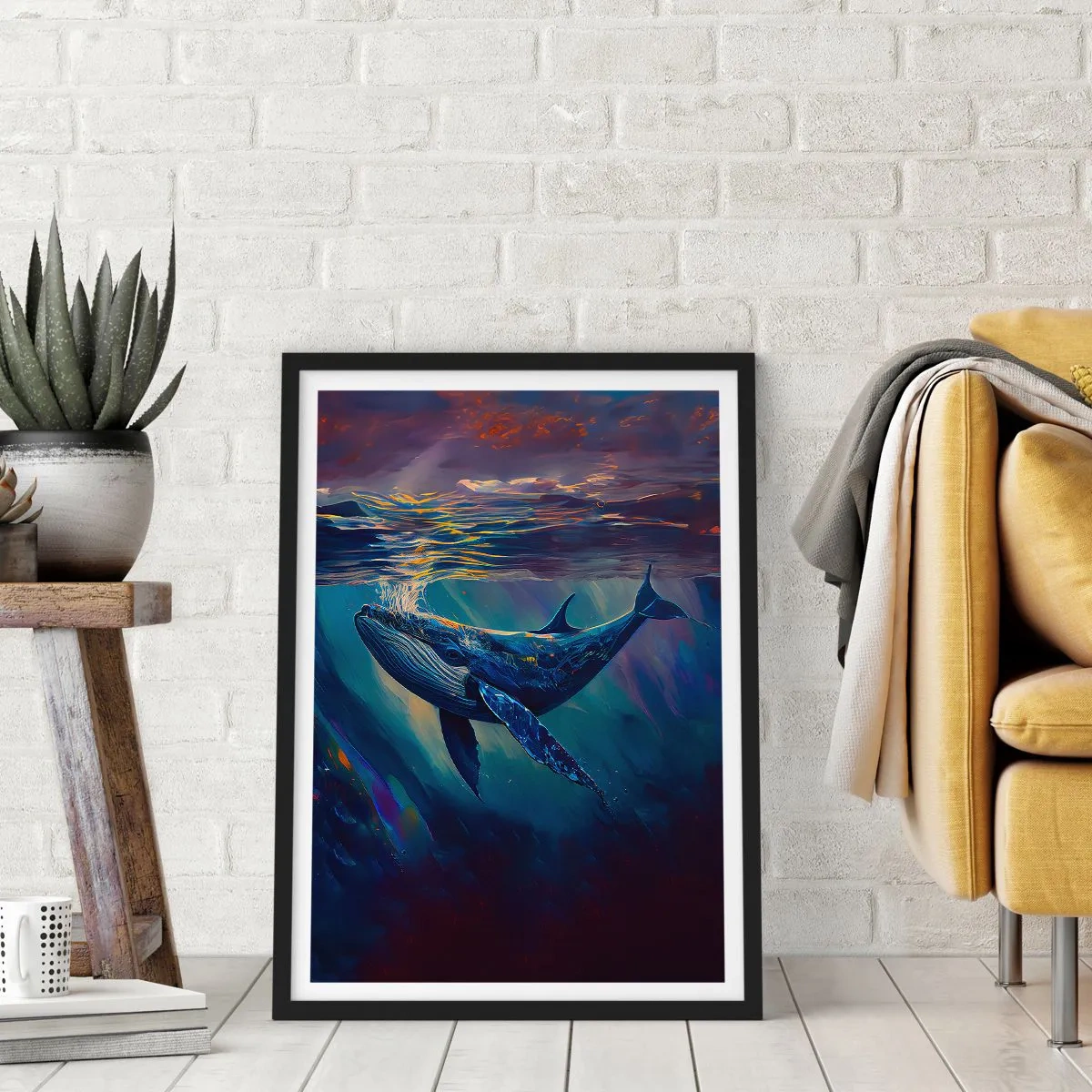 Plagát v čiernom ráme - Náladový obraz veľryby v podvodnom svetle - 50x70cm - Vitaj v mojom svete - Moderná nástenná dekorácia do obývacej izby a spálne ARTTOR