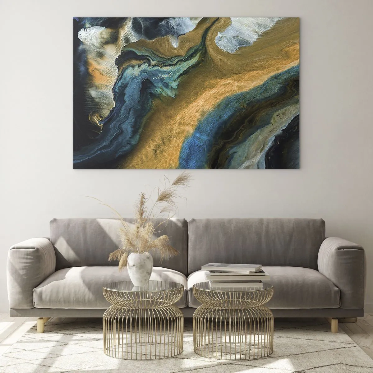Obraz na skle - Abstraktná kompozícia v odtieňoch modrej a zlatej - 70x50cm - Modrá – žltá – vzájomné vplyvy - Moderná nástenná dekorácia do obývacej izby a spálne ARTTOR