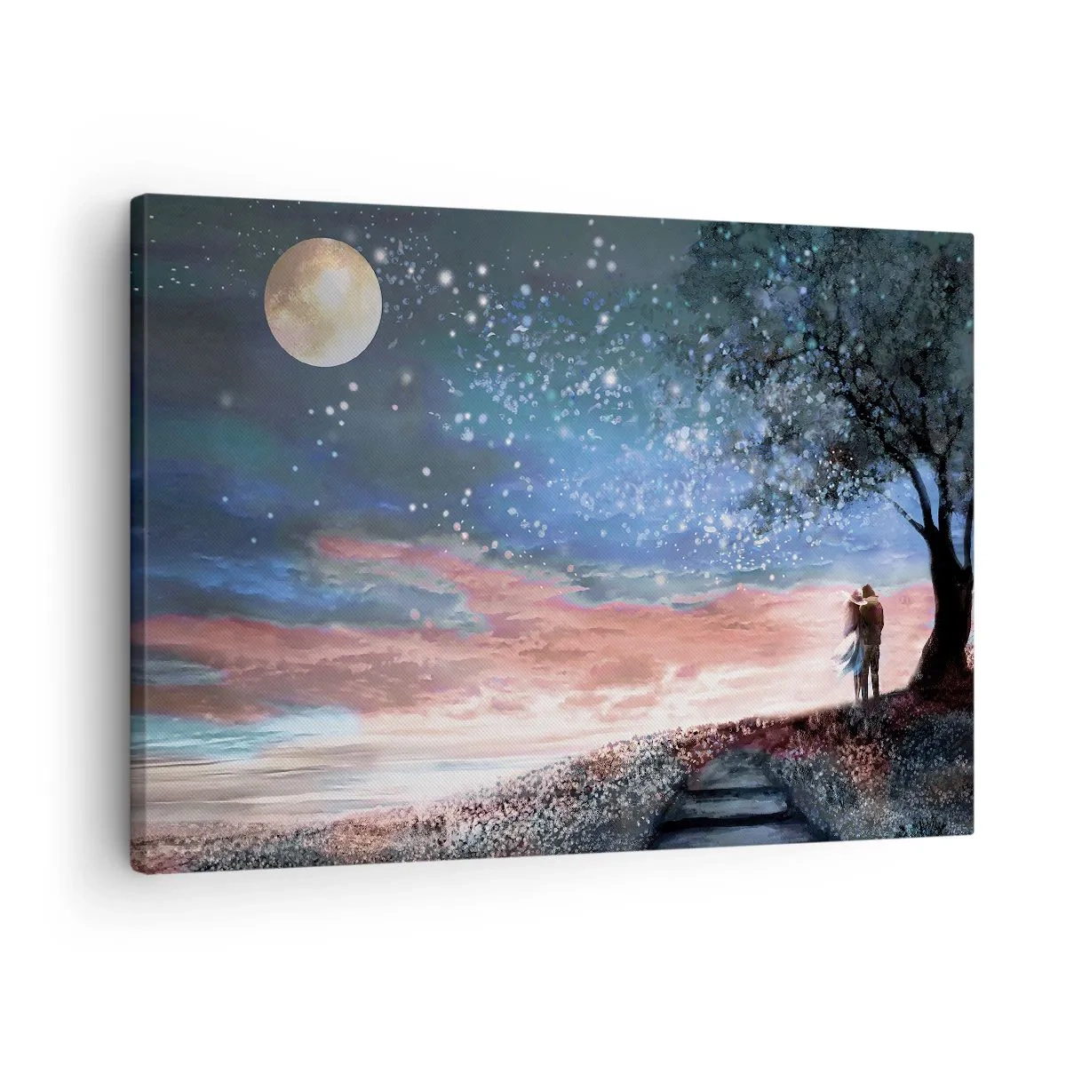 Obraz na plátne - Romantická scéna pre páry pod splnom - 70x50cm - Hviezdicovité predstavenie - Moderná nástenná dekorácia do obývacej izby a spálne ARTTOR