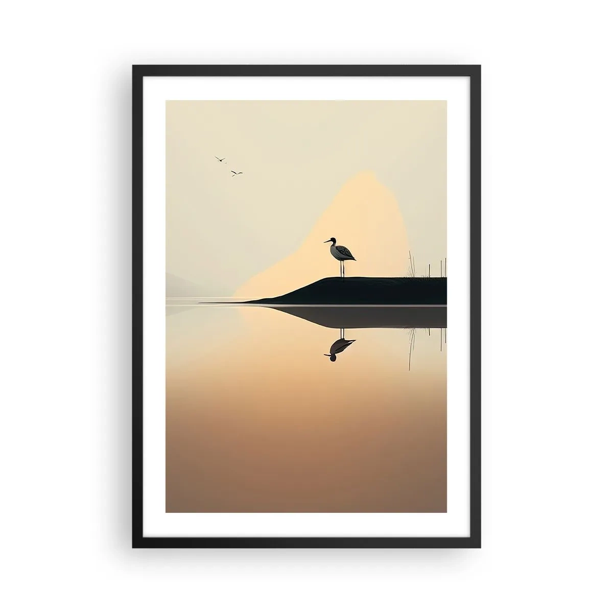 Plagát v čiernom ráme - Bocian stojaci na brehu jazera s odrazom vo vode - 50x70cm - Pán na jazere - Moderná nástenná dekorácia do obývacej izby a spálne ARTTOR