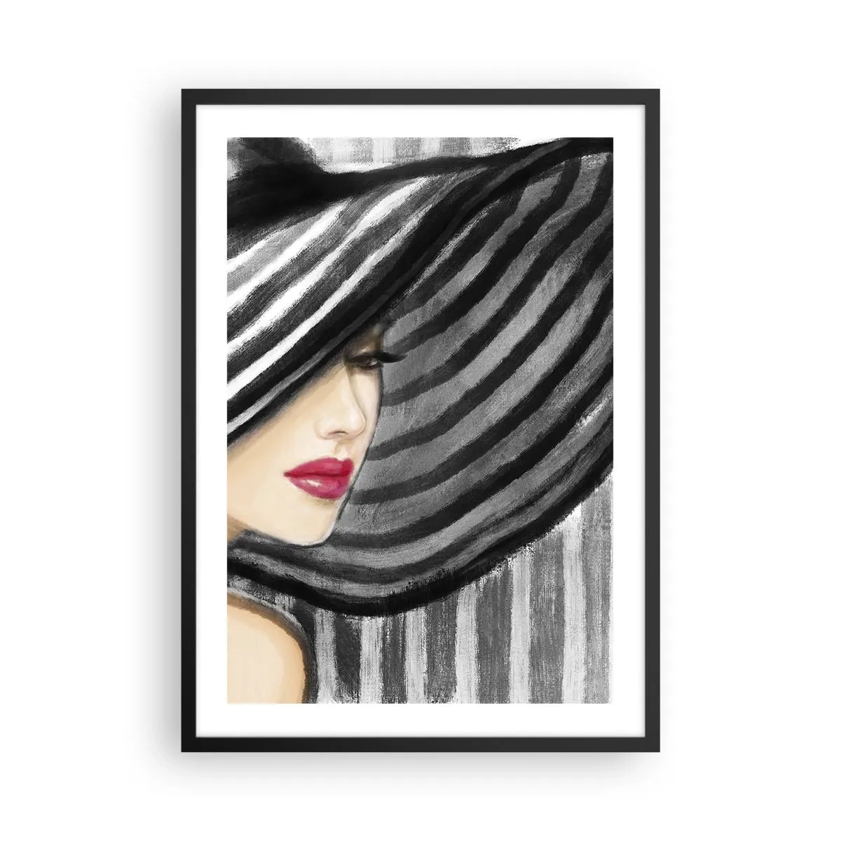 Plagát v čiernom ráme - Žena v širokom klobúku s červenými perami - 50x70cm - Kde ťa hľadať? - Moderná nástenná dekorácia do obývacej izby a spálne ARTTOR