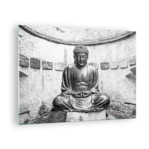 Obraz na skle - Čiernobiela socha Budhu v meditačnej póze - 70x50cm - Pri zdroji pokoja - Moderná nástenná dekorácia do obývacej izby a spálne ARTTOR